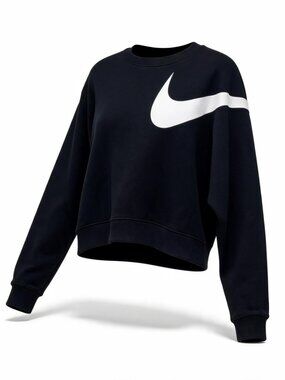 Nike Dri-Fit Black Cropped Sweatshirt with Large White Swoosh